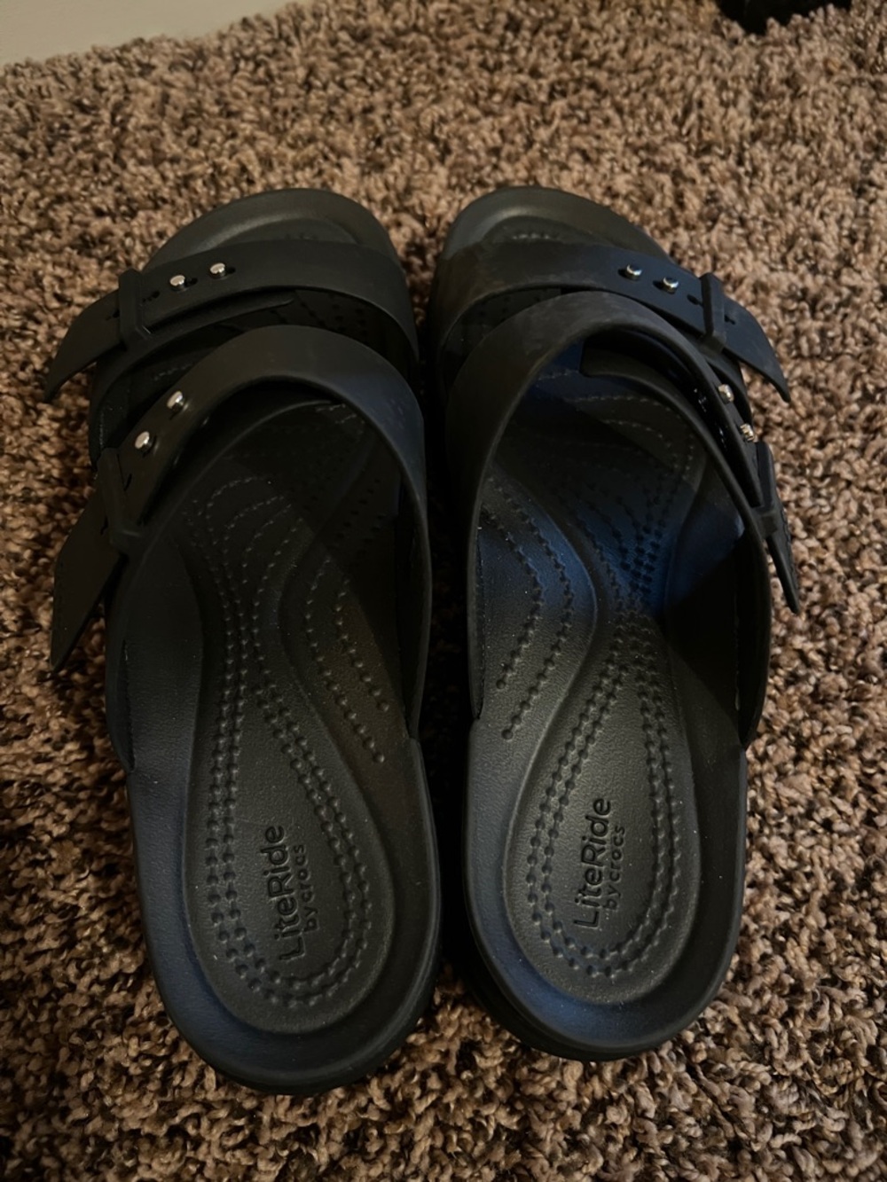 CROCS Women’s Black Dual-Buckle Platform Sandals - Picture 2 of 5
